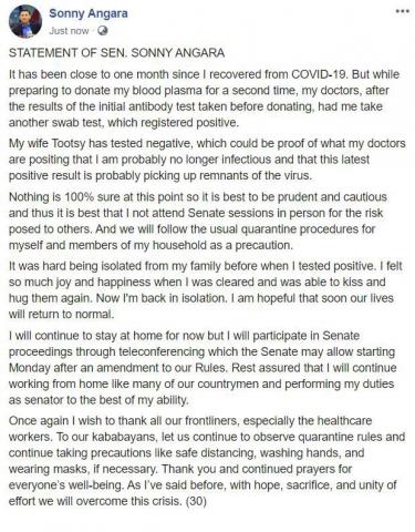 Statement of Senator Sonny Angara