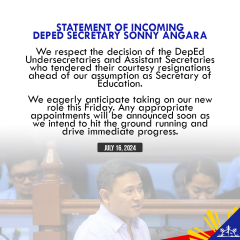 Statement of Incoming DepEd Secretary Sonny Angara